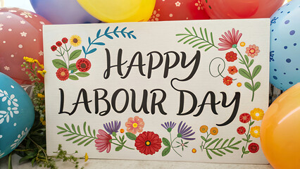 Naklejka premium Happy Labour Day Calligraphy with Bright Balloons and Floral Decorations