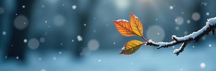 single isolated branch with snowflakes around it, solitary, snowy, leaf