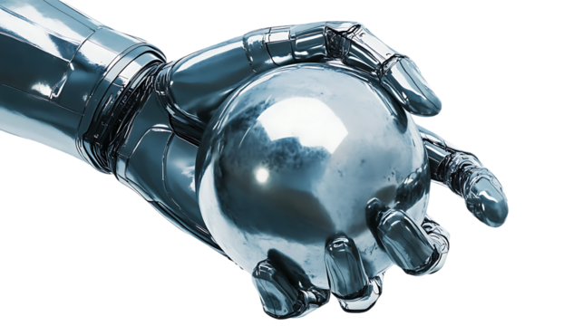 Metallic robotic hand delicately grasping a smooth reflective chrome sphere