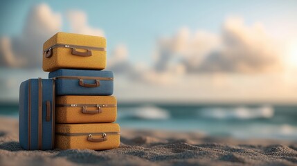 Vintage suitcases in yellow and blue colors stacked on sandy beach with ocean backdrop du tranquil sunset creating a picturesque travel vibe