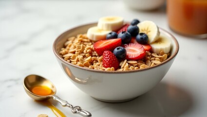 Granola, honey, and fruit in a ceramic bowl, representing a healthy breakfast