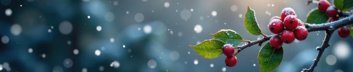 Obraz premium Snowflakes gently falling on a bare holly branch, holly, winter