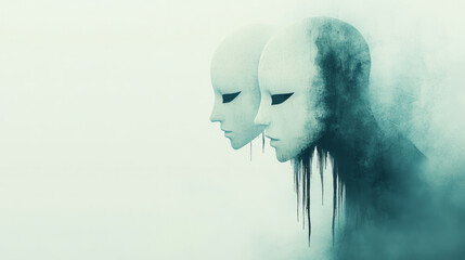Surreal minimalist artwork depicting softly dissolving masks suspended in air, symbolizing