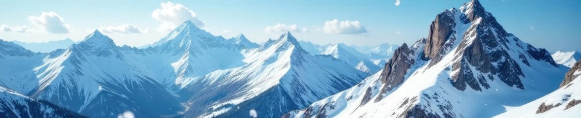 snowflakes gently falling on a rugged mountain peak, snowy, peaceful