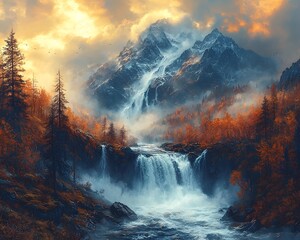 Naklejka premium Majestic waterfall cascading down rugged mountain landscape