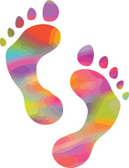Illustration of two footprints in bright colors isolated on transparent background. Rainbow colored feet png. Carbon footprint concept