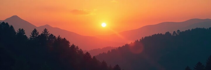 Softly glowing sunset over a serene forest landscape, misty, earth tones, trees