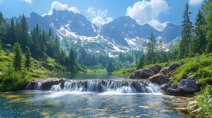 Majestic multi tiered waterfall in a remote mountain valley