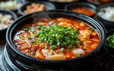 Steaming Korean stew in a large pot, surrounded by small dishes of food