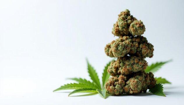 Stack of cannabis nugs in a vertical column on white, plant, foliage, nature