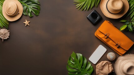 Flat lay arrangement of tropical vacation essentials including straw hats leather bag camera smartphone seas and lush green leaves on dark background
