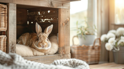 Calm rabbit resting in wooden house on Pet Day