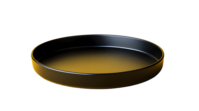 A black round serving tray with a flat base and sleek design, suitable for elegant presentations and home decor.
