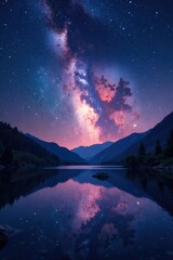 Starry night landscape with colorful Milky Way over a serene lake, reflection, stars