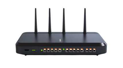 Black router with four antennas and multiple status lights