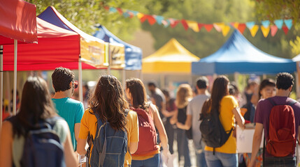 A lively outdoor internship fair with colorful booths and banners on a sunny day, people in the background networking, focusing on career opportunities