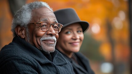 Happy senior couple autumn park portrait, love, retirement
