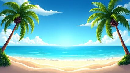 Obraz premium Relaxing Tropical Landscape: Light Sand Beach, Green Palm Trees, Calm Sea and Blue Sky.