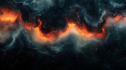 Abstract cosmic landscape with fiery orange waves and dark swirling clouds in a mesmerizing galaxy scene