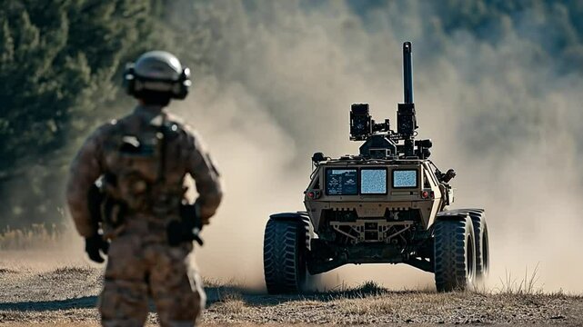 A soldier in full tactical gear watches an autonomous military vehicle move through rough terrain. concept of modern warfare, artificial intelligence, and robotic defense.