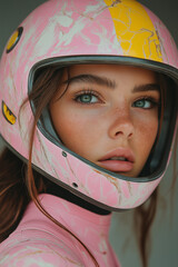 Young beautiful woman, Closeup portrait, with pastel pink and yellow marble helmet, robotic, brunette girl, baroque, upper body, cinematic, castle background, beautiful eyes