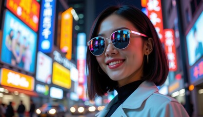 Obraz premium Young Woman Smiling Under Neon Lights in Urban Night Scene