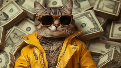 Stylish cat in yellow jacket, sunglasses, surrounded by money,  luxury lifestyle concept