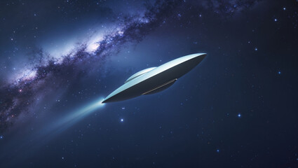 A sleek, silver UFO soars through the starlit cosmos, leaving a bright trail in its wake.