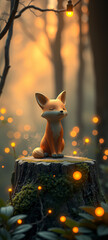 A tiny, charming ceramic fox glowing with magical warmth in a dreamy woodland scene.