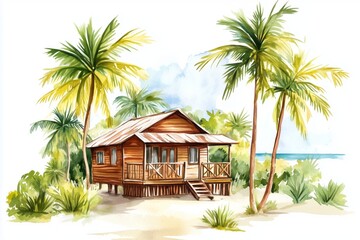 A watercolor drawing of a tranquil beachside cabin under palms, isolated on a white background. Cabin vector.