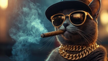 Stylish cat smoking cigar, city night background