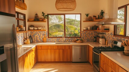 Bright Modern Kitchen with Wooden Cabinets and Colorful Tiles