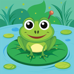 Frog Sitting on a Lily Pad in a Lush Green Pond