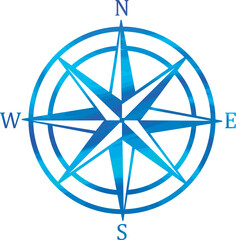 Illustration of a mariners compass in ocean blue colors. Simple wind rose compass icon. Navigation icon of a compass with blue water texture isolated on a transparent background © Janice Higgins
