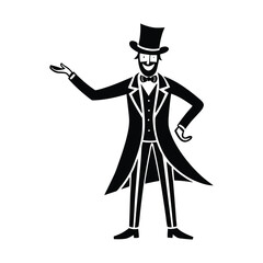 Silhouette vector art illustration of a circus ringmaster in a tall hat and long coat.eps