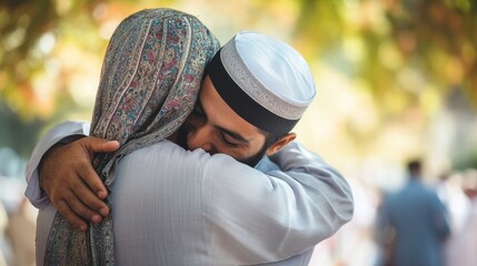 Heartfelt embrace showing unity between two muslim friends during eid mubarak