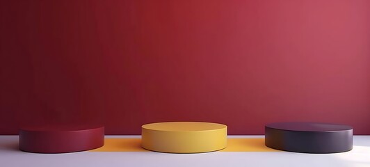 A set of 3D product podiums in red, yellow, and dark purple on a white floor in an empty space.