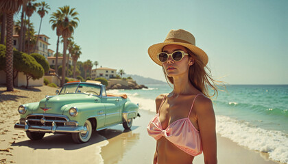 Vintage-inspired scene of a stylish woman on the beach captured in the nostalgic aesthetic of 1980s film photography, soft grainy textures, warm sunlight, and pastel tones, dreamy laid-back atmosphere