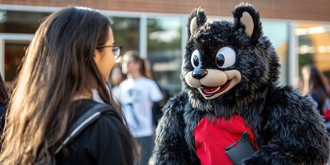  gen z student with school mascot hanging out on campus