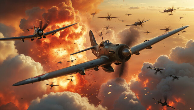 A squadron of vintage fighter planes engage in a fierce dogfight amidst explosions and billowing clouds.