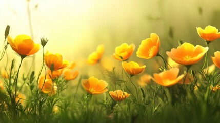 Bright Yellow Flowers Blooming in the Soft Glow of Morning Light