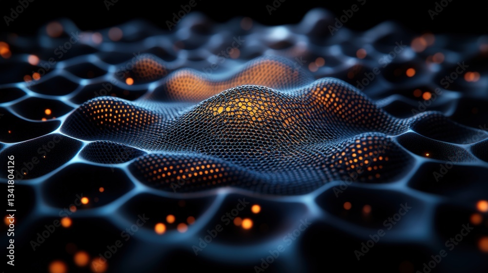 Poster abstract close-up of dark undulating honeycomb texture with glowing orange nodes, creating a three-d