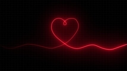Neon heart love , heartbeat and love display screen medical research animation. Black background with grid line 4k video.