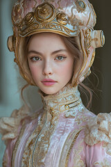 Young beautiful woman, Closeup portrait, with pastel pink and yellow marble helmet, robotic, brunette girl, baroque, upper body, cinematic, castle background, beautiful eyes