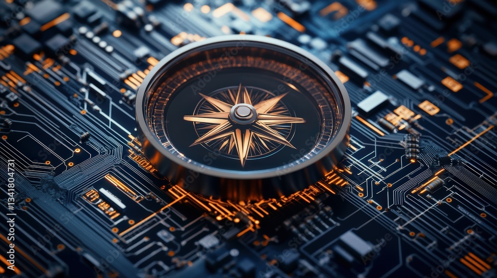 Poster close-up of a sophisticated compass with a gold rose and metallic casing positioned on an advanced c