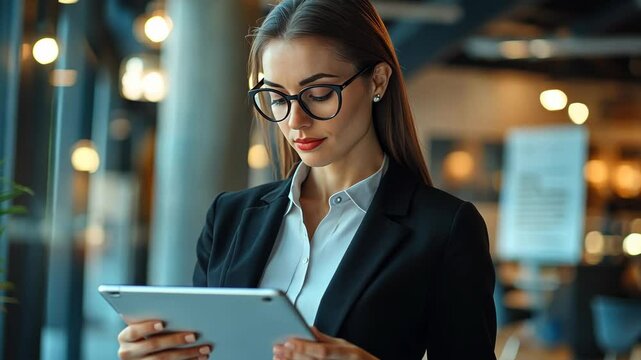 Business professional focused on tablet in modern office environment during daytime