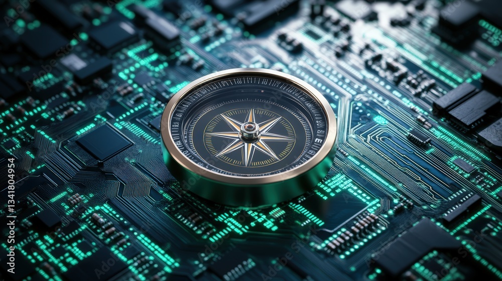 Poster close-up view of a classic compass led in intricate circuitry of a technological circuit board symbo