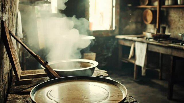 Traditional cooking setup in a rustic kitchen with simmering dishes and steam rising