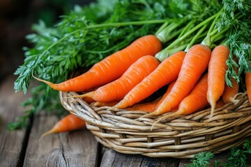 A rustic wicker basket filled with freshly harvested bright orange carrots with green tops, placed on a wooden surface with a blurred natural background