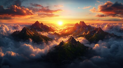 Naklejka premium A Stunning Panoramic View of Majestic Mountain Range Piercing Through a Sea of Clouds at Sunset with Warm Golden Glow Illuminating Peaks and Sky